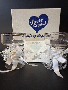 Vintage 1950's Javit Crystal Bride & Groom Wedding Champagne Coupe Set in Box